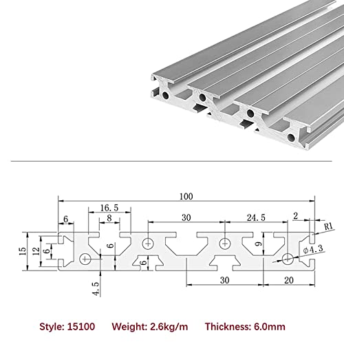 Mssoomm 1 pacote 15100 Comprimento do perfil de extrusão de alumínio 57,09 polegadas / 1450mm prata, 15 x 100mm 15 séries T tipo T-slot t-slot European Standard Extrusions Perfis Linear Linear Guide Frame para CNC