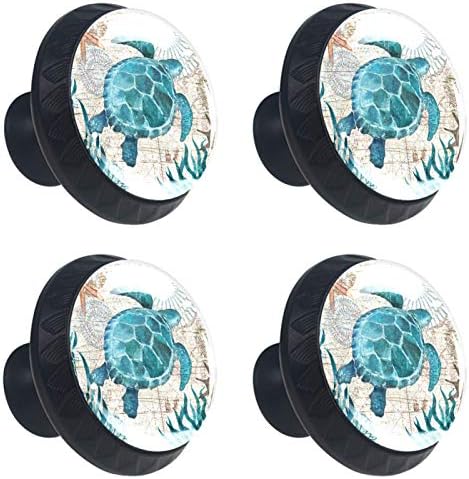 Botões de cômoda de portadora de cervejas de tartaruga azul vintage maçanetas de gaveta de cristal botões de vidro de cristal 4pcs projetados em botões redondos da criança 1,38 × 1.10in