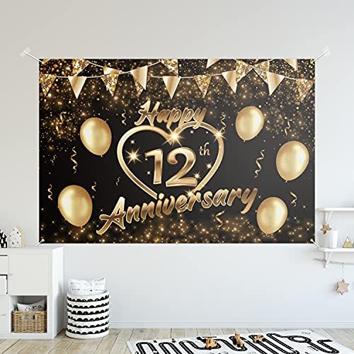5665 Feliz 12º aniversário da bandeira Decoração de Black Gold - Glitter Love Heart Feliz 12 anos de aniversário de casamento Decorações de temas para homens, suprimentos