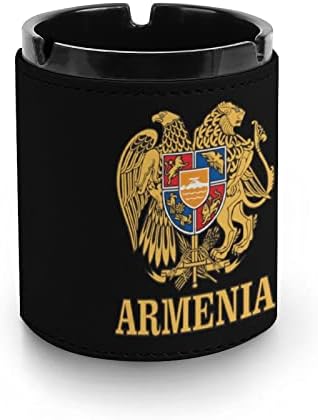 Brasão de braços da Armênia Premium Leather Ashtray Cigarros redondos Bandeja de cinzas fumantes para carro ou uso ao ar livre