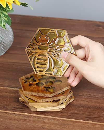 Coaster de madeira de abelha Conjunto de 6 favo de mel montanha -russa de resina epóxi de madeira para bebidas frias