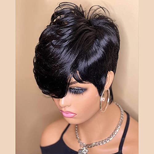 Riconey Short Bob Wig Human Human Pixie Cut Wig Para Mulheres Negras Nenhuma peruca de renda com franja Máquina cheia em