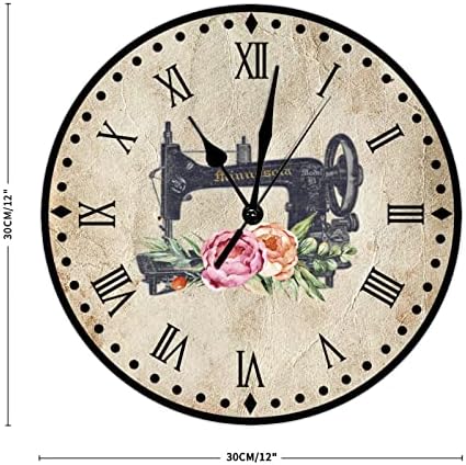 Relógio de costura de costura floral Estúdio de costura de madeira Relógio de parede redonda 12 polegadas Vintage silencioso que não
