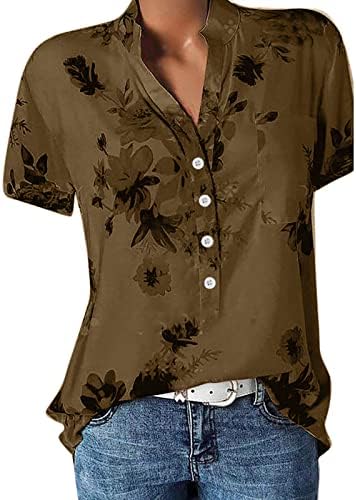 Tops for feminino de verão mangas curtas botões de pescoço dividido camisas casuais