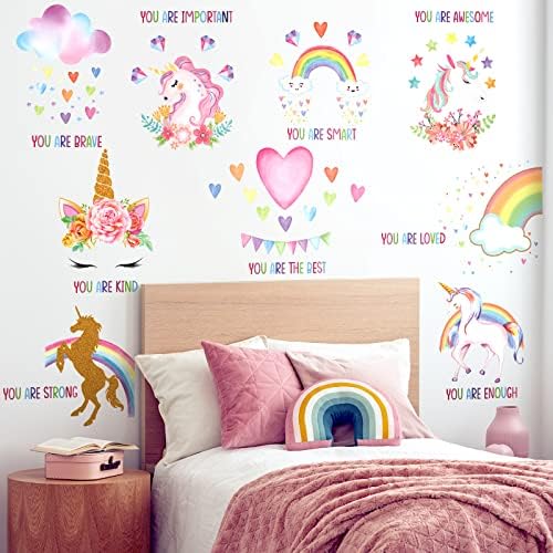 9 peças decalque de quarto unicórnio para meninas quarto unicórnio decalques de parede de arco -íris removíveis decalques de parede inspirável adesivos de parede adesivos de parede decoração para garotas infantil infantil festa de aniversário