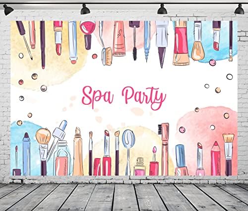 Beleco 20x10ft Fabric Spa Party Backdrop Aquarela Cosméticos Pó Brush Batom Shoeshadow Ferramentas de maquiagem Backgrodut Background Girls Spa Party Beauty Salon Makeup Party Decor Photo Props papel de parede papel de parede