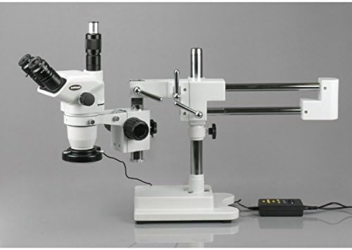 Microscópio de zoom estéreo trinocular profissional zm-4tn, ew10x focando oculares, ampliação de 6.7x-45x, objetivo de zoom de 0,67x-4,5x, iluminação ambiente, suporte de barra dupla de braço