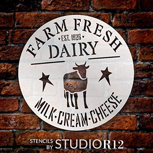 Fazenda Fresh Dairy Stencil por Studior12 | DIY Rustic Country Farmhouse Cow Decor | Sinal de madeira redonda de artesanato e tinta | Modelo Mylar reutilizável | Creme de leite queijo | Selecione o tamanho