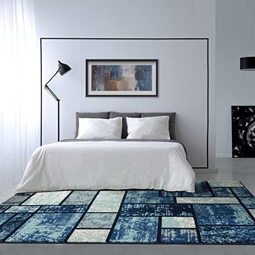Luxe tecelões geométricos quadrados marinha 8x10 Modern Abstract Area Rug, Colorblock Premium Carpet Non Shedding