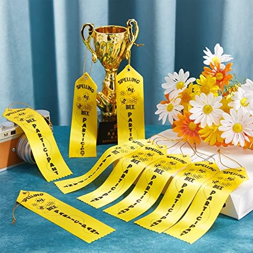50 PCS Spelling Star Award Ribbon com cartão de eventos e cordas amarelas de abelha amarela fitas de concorrência de cartas