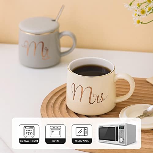 Mr e Sra. Coffee Canecas - Caneca de cerâmica de 10 onças com tampa e colher - presentes de casamento para noiva e noivo, recém -casados,
