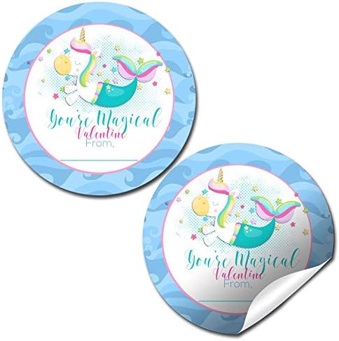 Magical Mermaid Unicorn Party Valentine Favor Favort Sticker Rótulos, 40 2 de adesivos de círculo de festas por Amandacreation,