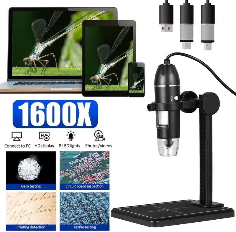 Kit de acessórios para microscópio para adultos 1600x Microscópio digital 8 LEDs Microscópio eletrônico 2MP com suporte de elevação x4 USB Zoom Camera Labor