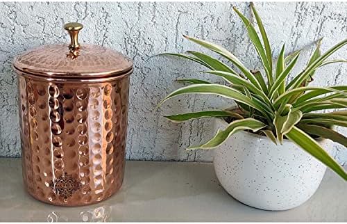 Indian Art Villa Pure Copper Hammerred Design Storage Caixa/recipiente com botão de latão no topo, volume-17 oz, conjunto de
