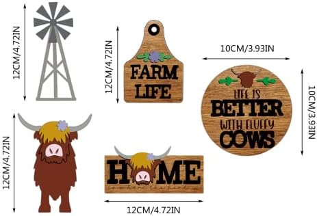 5 PCs Farmhouse Housed Bandejas Decoração de Wood Farmhouse Home Decor de vaca de vaca de vidas de vidas de vidas de mini sinais de bandeja rústica em camadas de madeira Casa de madeira Decoração de madeira Fazenda de madeira SIGN FRESC