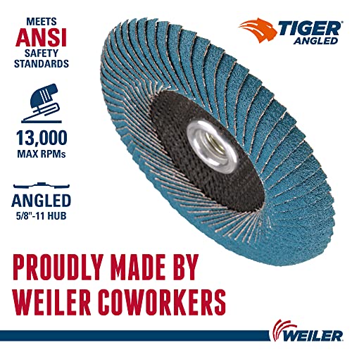 Weiler 51304 4-1/2 Tigre Anled Flap Disc, Backing de pano, Alumina de Zircônia 60Z Grit, diâmetro 4-1/2