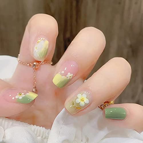 Pressione as unhas quadradas curtas unhas falsas florestas unha falsa com desenhos verde nude petite unhas francês unhas de caixão