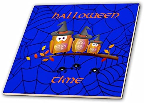 Imagem 3drose de família de corujas sentadas na teia de aranha azul com happy halloween - azulejos