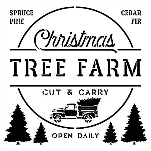 Estêncil de fazenda de árvores de Natal com caminhão vermelho por Studior12 | Corte e transporte | Aberto diariamente | Decoração