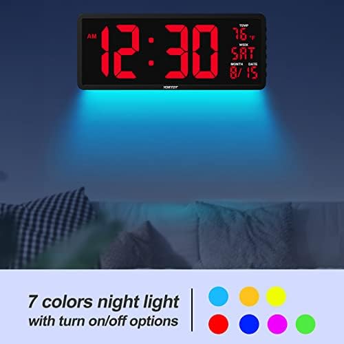 Timer de relógio de parede digital de Yortot 16 com 7 cores Light e Remote Control - Visor LED maior com temperatura interna | Data