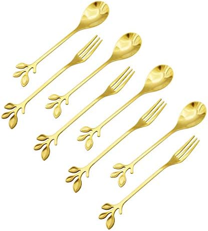 DGQ Gold Leaf Apertizer Forks e Demitasse Spoons Conjunto de aço inoxidável de 8 para sorvete de sobremesa de salada