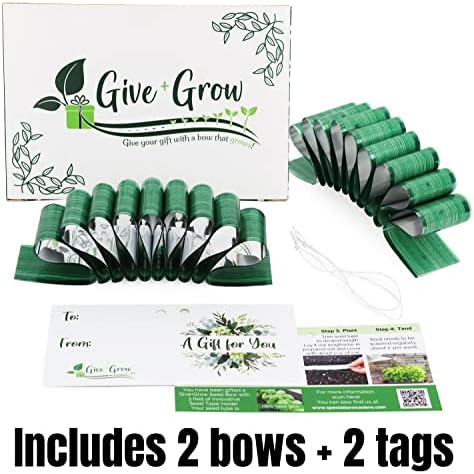Dê+Grow Plantable Gift Bow com sementes de manjericão de Genovese, design de patente pendente e ecológico, 2 lindos arcos verdes escovados feitos de garrafas de água reciclada com 3 pés de fita de semente biodegradável