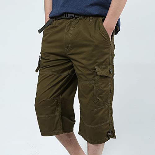 Ajuste descontraído masculino 3/4 shorts cargo sarja elástica cintura de bolso de bolso de bolso Capri Casual Faixa abaixo do joelho