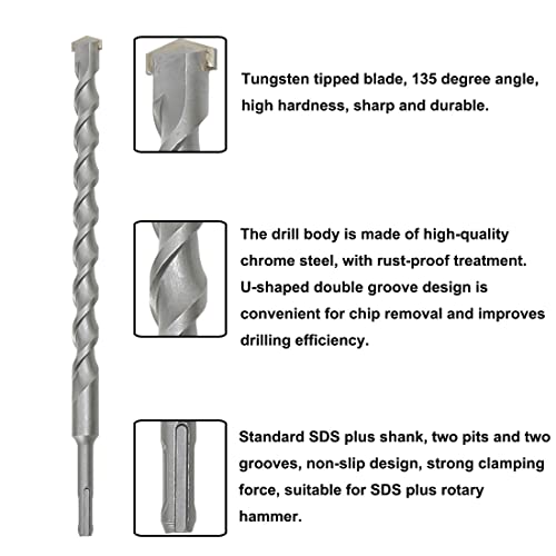 Concrete SDS mais conjuntos de broca de martelo rotativo, 5pcs 13N Tungstênio Avelante de aço Tungstênio Ferrilha de flauta dupla flauta Ferramenta de abertura para tijolos, cimento, 3/8x13in, 1/2x13in, 5/8x13in, 7/10x13in, 7/8x13in,