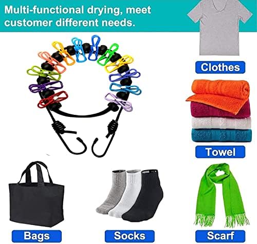 Roupa portátil multicolor 2pack com 12 prendedores de roupa, varal de viagem para viagem de viagem Lavanderia elástica e