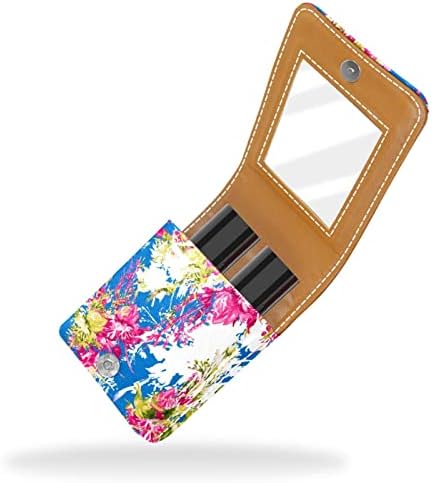 Caixa de batom de Oryuekan com espelho bolsa de maquiagem portátil fofa bolsa cosmética, plantas tropicais flores rosa