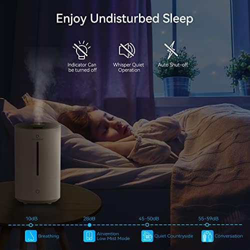 Umidificadores ultrassônicos do Airvention para o quarto, umidificador de preenchimento de neblina de névoa de 4l, 3 níveis de névoa com 360 ° de giratório, fácil de limpar, ultra quieto, desligado automático, modo de suspensão, umidificador para crianças