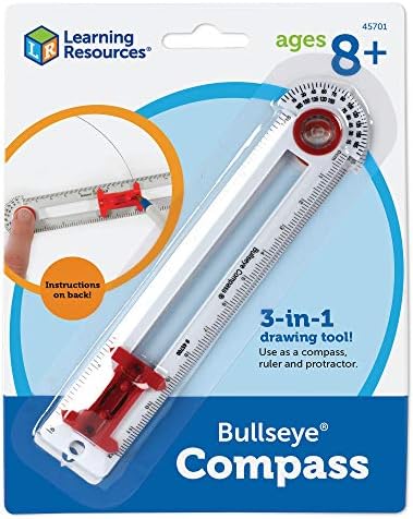 Recursos de aprendizado Bullseye Compass, governante, transferidor, geometria precoce, acessórios de classe de matemática, idades