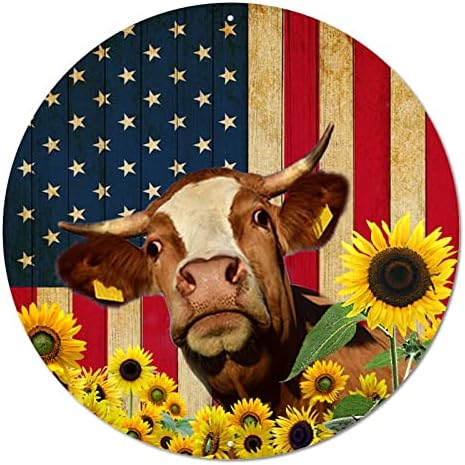 Signo de lata de metal vintage bandeira americana rústica e vacas engraçadas de girassóis de girassóis retrô signo de porta