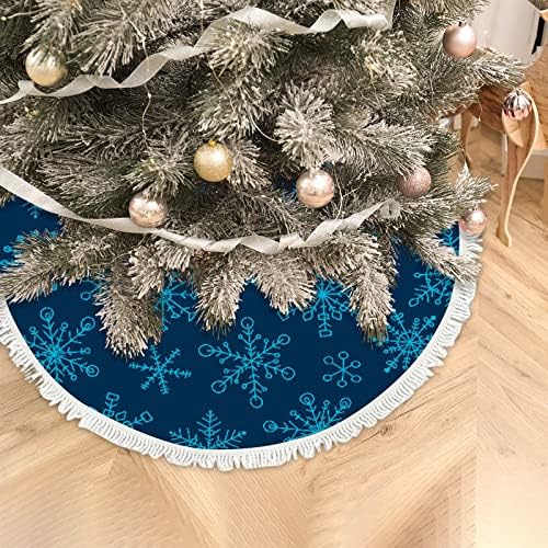 Saia grande de árvore doodleflake azul escuro com borla, Decorações de árvores de Natal Fazenda para todas as férias
