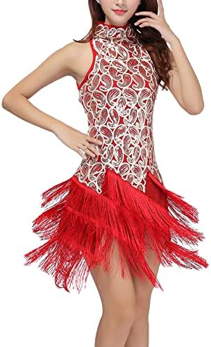 Mulheres Fringe Dress Finge Mock Neck Glitter Liginas Vestidos de dança latina Flapper Roaring 20s Vintage Dance Costume para