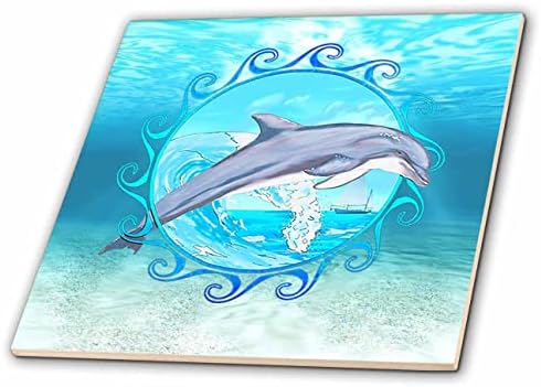 3drose subaquático golfinho pulando através de um signo solar tribal azul maori. - Azulejos