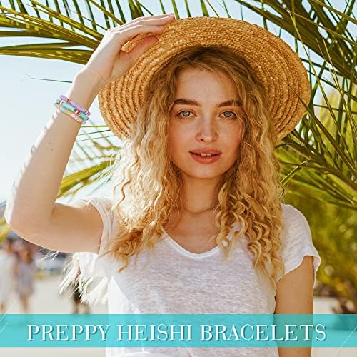 Remerry 20 PCs Preppy Heishi Bracelets colorido White Gold Smile Heart Star Mal Eye Bracelets de Breadia de Faixas Empilháveis