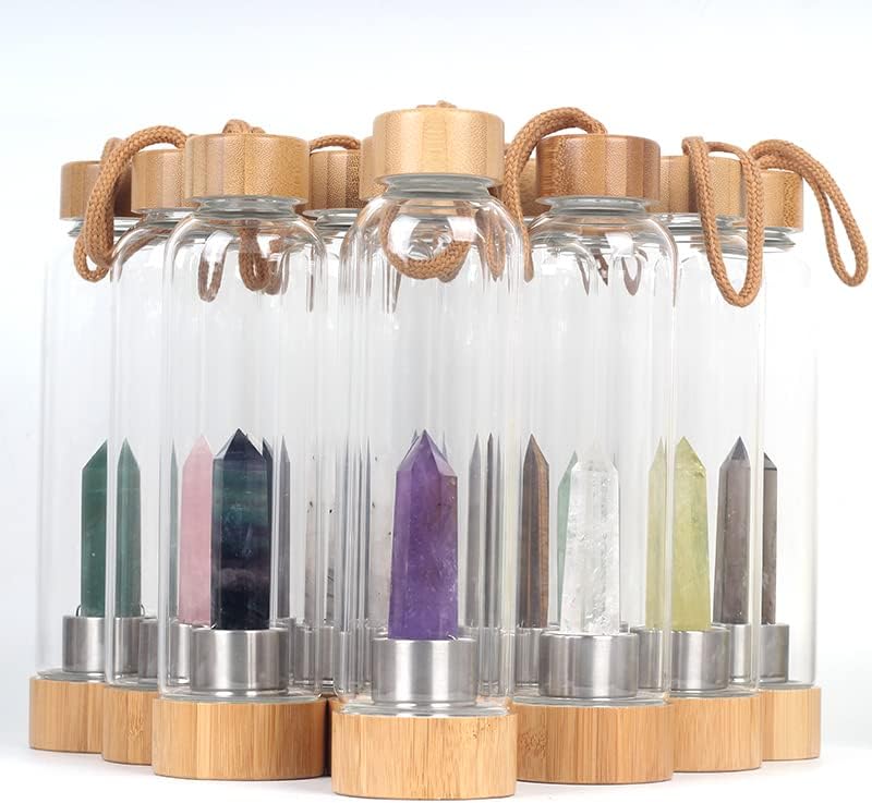 Labradororita Crystal Bamboo Water Bottle - Cristal Healing Water Bottle - Infuser for Healing - Garrafa de água da Torre Gemo