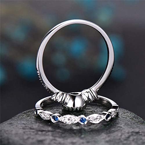 Anel de noivado de safira redonda de mulheres, anel de noiva de prata prata, tamanho 6-10