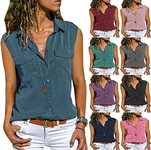 ANDONGNYWELL SOLIL SOLID COLE CASual Sleeseless Shirt Pocket Shirt Feminina Usar Botões de Verão Cardigan Tops