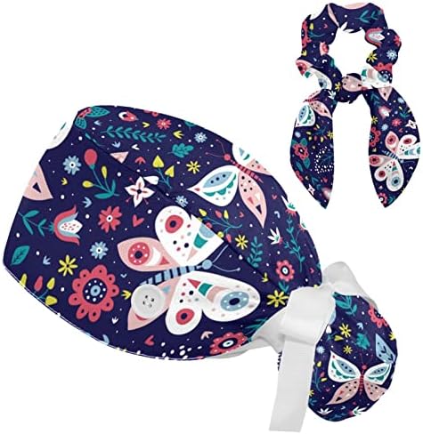 Borboletas e flores ajustáveis ​​Butterflies e Flowers Bouffant com botões Scrub Hat com cabelos arco arqueados