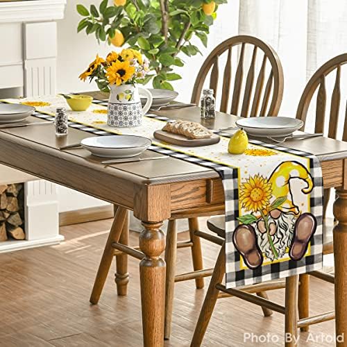 Modo ARTOID Aquarela Buffalo Sunflower Gnome Summer Table Runner, Decoração da mesa de jantar de cozinha da primavera para