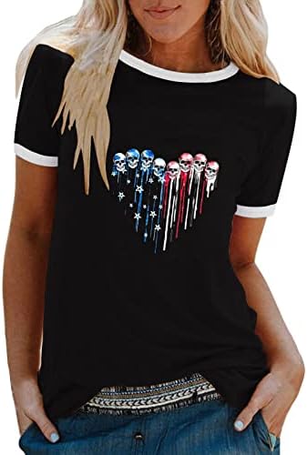 Camisetas de verão feminino Camisa de bandeira dos EUA, fofo, gráfico de flores fofinhas, camisetas soltas tops casuais blusas