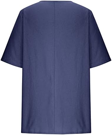 Tops de verão para mulheres, linho de algodão Vintage Print Print Túnica solta Camisas de manga curta Blusa de botão casual da tripulação