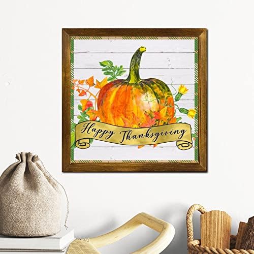 Feliz Dia de Ação de Graças, sinal emoldurado Sign Fall Pumpkin Girassal pendurado Arte da parede Signo da fazenda colheita de ação de graças decoração de arte de parede de madeira para quarto sala de estar no escritório parede de 12x12 polegadas