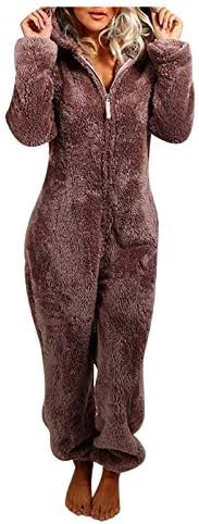 Onesie pijama feminino lã quente de lã de macacão macio macio fofo com capuz de roupas de dormir com capuz de manga longa e