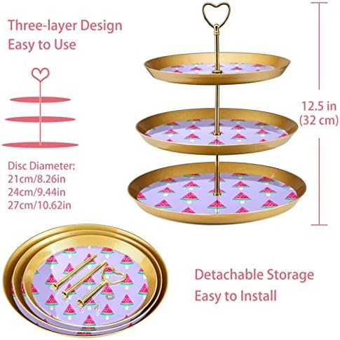 3 Placa de fruta de cupcake de 3 camadas de sobremesa Plástico para servir suporte de exibição para casamento de aniversário Decorações de chá de chá de chá de bebê redondo, verão de melancia roxa