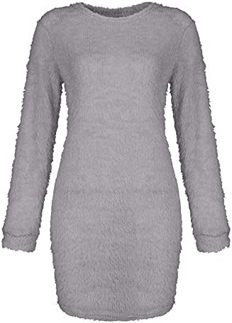 Moda feminina cor de cor sólida redonda de manga comprida suéter de vestido de pelúcia solta