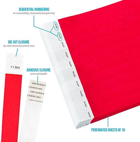 Wristco Neon Red Tyvek Pesquisas para eventos - 100 contagem ¾ ”x 10” - Reciclable à prova d'água confortável e confortável resistente