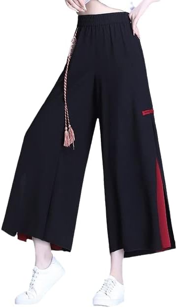 Uktzfbctw estilo chinês de verão feminino chiffon hippie étnico bordado preto bordado calças largas calças kimonos color1 m